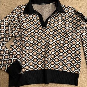 Tahari Black V-Neck Collared Sweater with Cream and Brown Star Motif